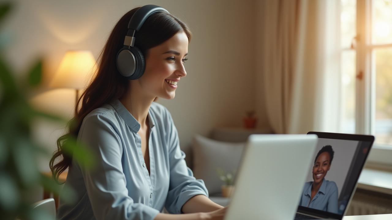 A smiling professional woman engaging in an interactive online coaching session with a specialist.